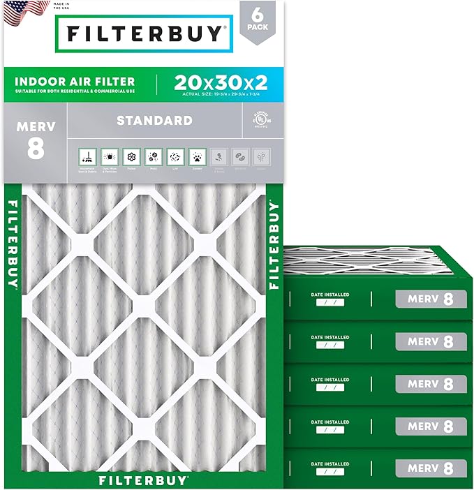 Filterbuy 20x30x2 Air Filter MERV 8 Essential Dust & Allergy Defense,
