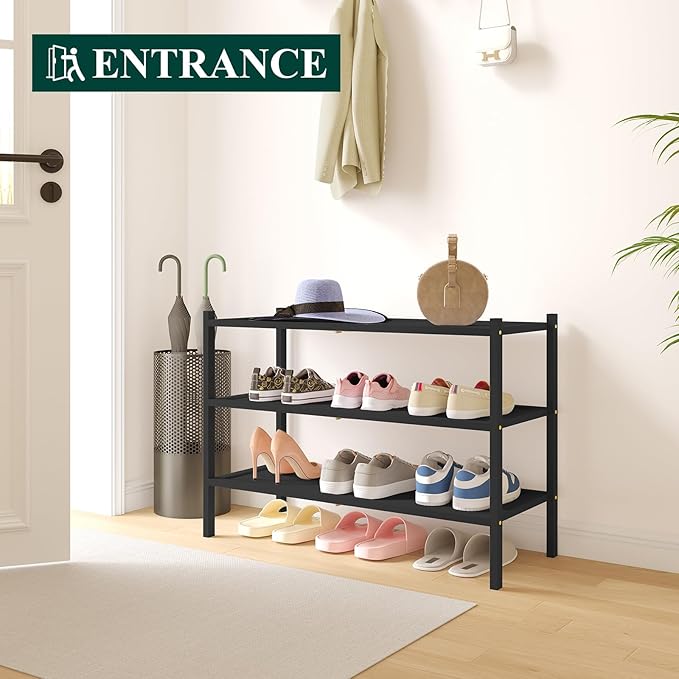 Smiry Bamboo Shoe Rack, 3 Tier Shoe Organizer for Entryway & Closet, Stackable Free Standing Storage Shelf for Shoes, Bags & Plants, Black