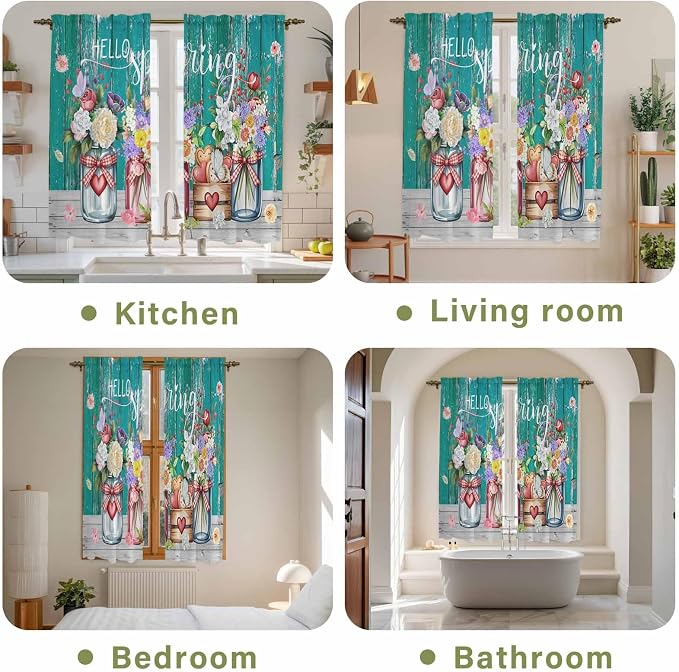 Spring Flowers Kitchen Curtains, Farmhouse Watercolor Teal Wood Grain Light