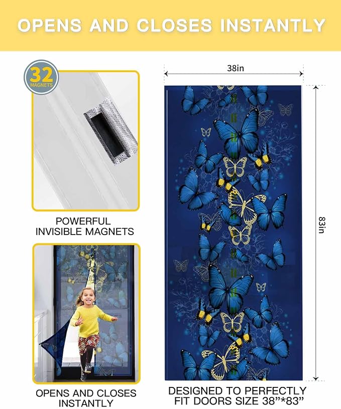 Screen Door 38"x83" Blue Butterfly Door Screen Magnetic Closure