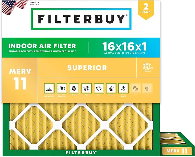 Filterbuy 16x16x1 Air Filter MERV 11 Superior Pet & Allergy Defense,