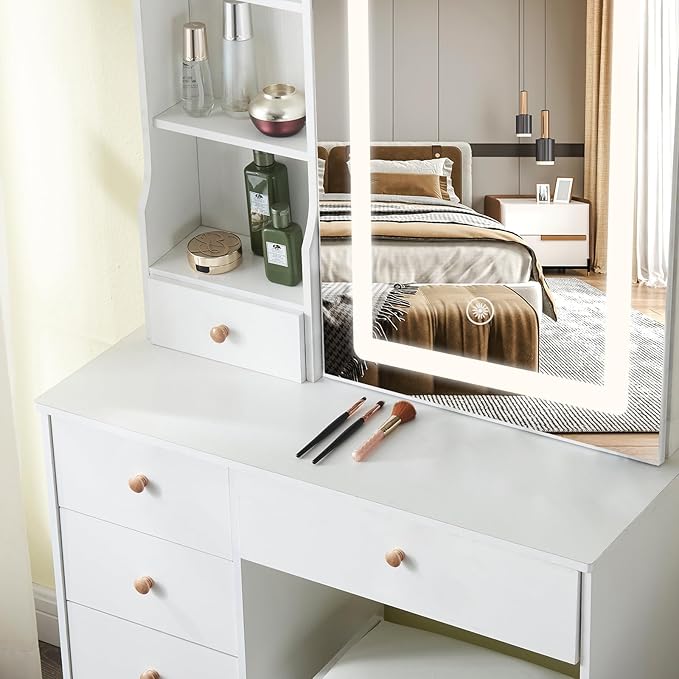 Vanity Desk with Mirror and Lights, Makeup Vanity 3 Color Modes & Adjustable Brightness, 6 Drawers Vanity Desk with Upholstered Stool with Chair