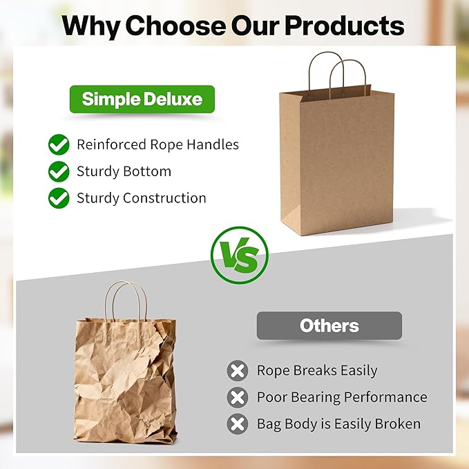 Simple Deluxe 100 Pack Kraft Paper Bags with Handles 10x5x13 - Made in USA -15 Lb Max Load - 100% Recycled Natural Brown Shopping Bags for Retail, Gifts & Merchandise (Premium 90GSM)