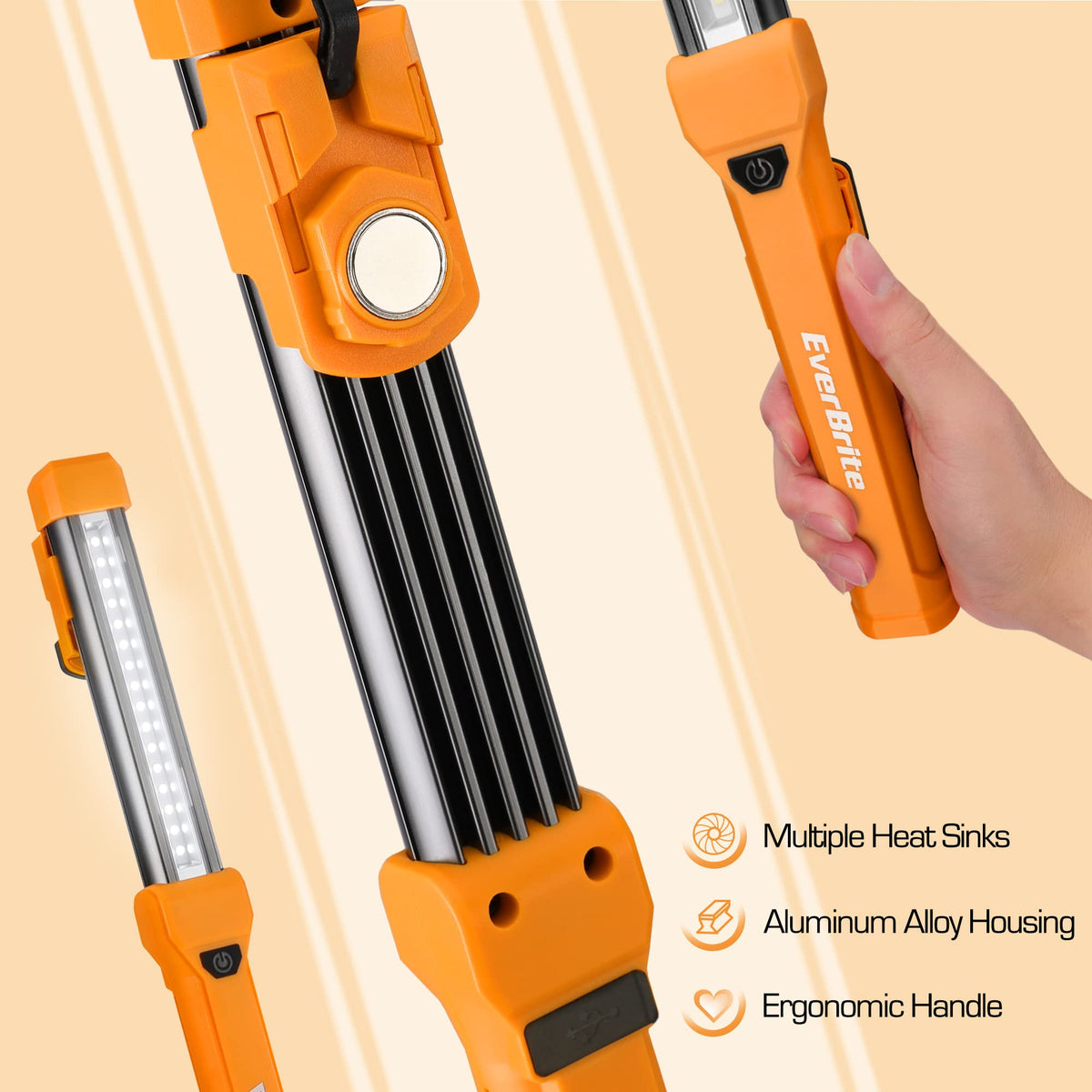 EverBrite 1000LM LED Work Light, Rechargeable Work Light for Mechanics with Dual Magnetic Bases&Hanging Hooks, 4 Lighting Modes, USB C Cable, Ideal Christmas Gift for Car Repair, Working, Pack of 2
