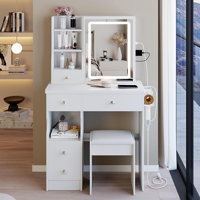 29.2" Small Vanity Desk with Mirror and Lights, Makeup Table with 2 AC+2 USB Power Station, Hair Dryer Bracket, Vanity Set with 5 Drawers and Stool for Small Space Bedroom, White