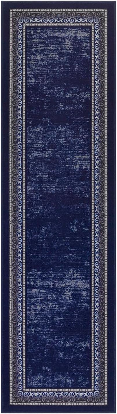 Antep Rugs Alfombras Bordered Modern 2x10 Non-Slip (Non-Skid) Low Pile Rubber Backing Indoor Area Runner Rug (Navy, 2' x 10')