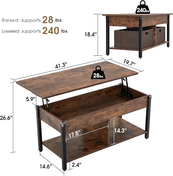 ivinta Lift Top Coffee Table with Storage, Modern Recangular Center Table with Wheels and 2 Rattan Folding Baskets, Rising Tabletop with Hidden Compartment for Living Room, 2177 (41.3", Dark Brown)