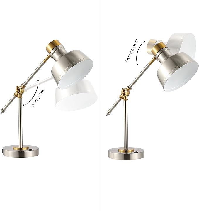JONATHAN Y 18.5" Nickel/Brass Gold Adjustable Cantilever LED Task Lamp with USB Charging Port, Vintage Farmhouse Desk Lamp for Home Office Reading, Metal Shade (JYL7124B)