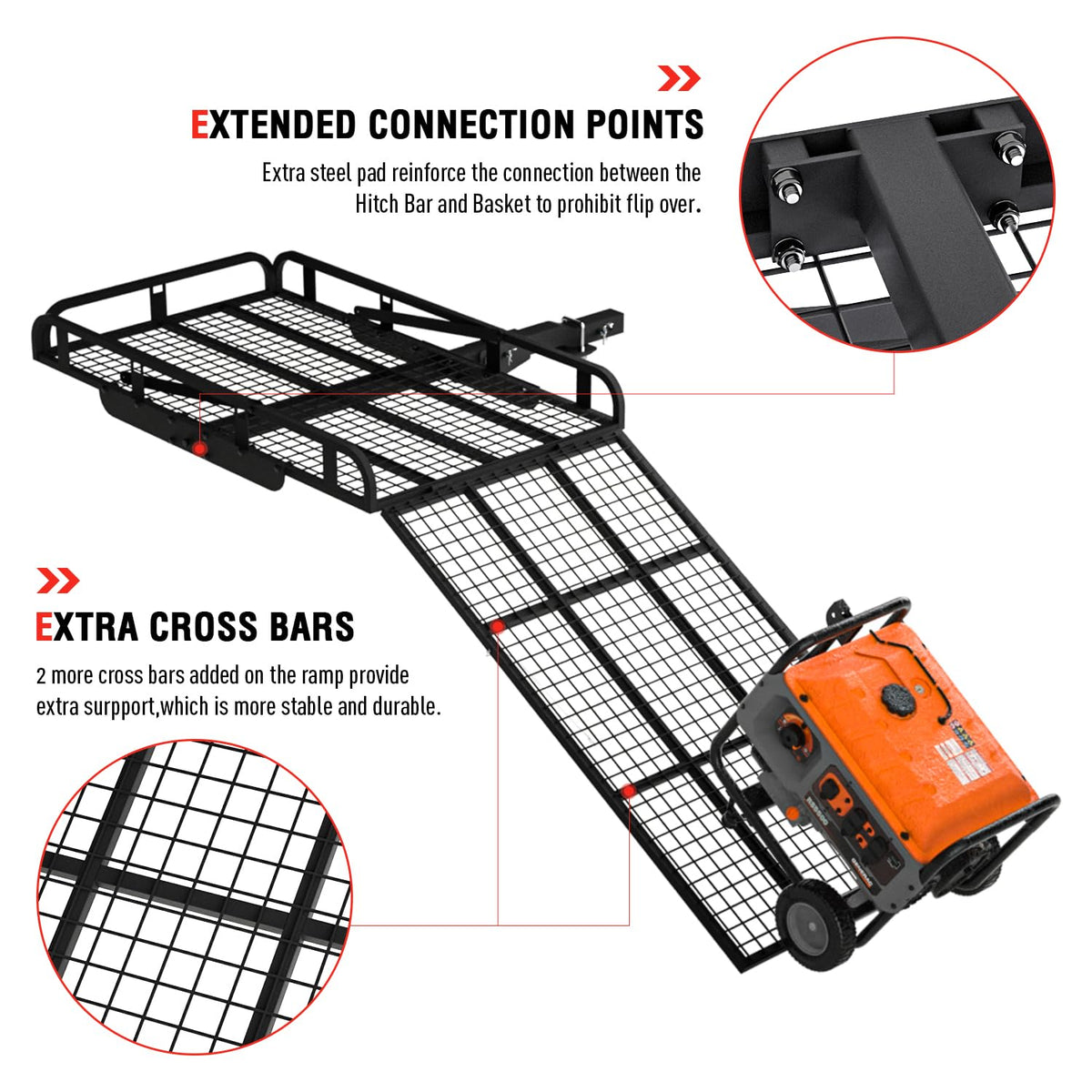 Hitch Mount Steel Cargo Carrier Basket with 49'' Folding Wheelchair Ramp, Fits 2'' Trailer Mounted Hitches
