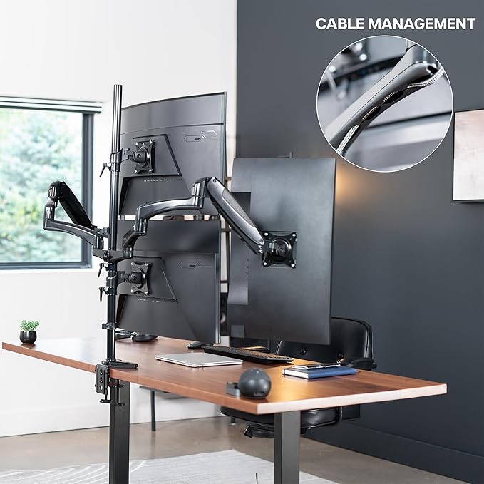 VIVO Quad Pneumatic Monitor Mount for 4 Screens up to 32 inches, Fully Adjustable, Heavy Duty Desk Stand with C-Clamp, Black, STAND-V400G