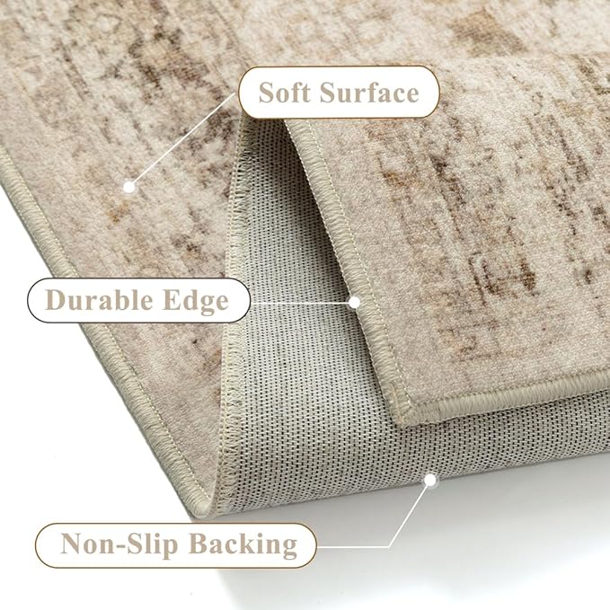 Beige 8x10 Area Rug Non Slip Large Vintage Living Room Distressed Machine Washable Retro Carpet Indoor Bedroom Traditional Floral Accent Throw Rug for Office Kitchen Dorm Dining Room