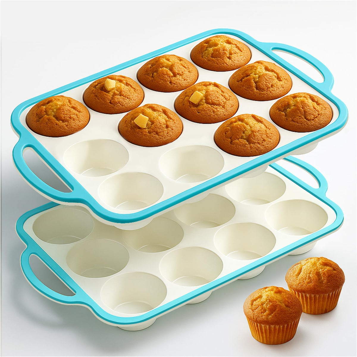 Fimary Silicone Muffin Pans for Baking 2 Pack, 2.6 Inch with Metal Reinforced Frame, Regular Size Nonstick Silicone Cupcake Pan for Baking Homemade Muffins, Cupcakes, Dishwasher Safe BPA Free-Yellow