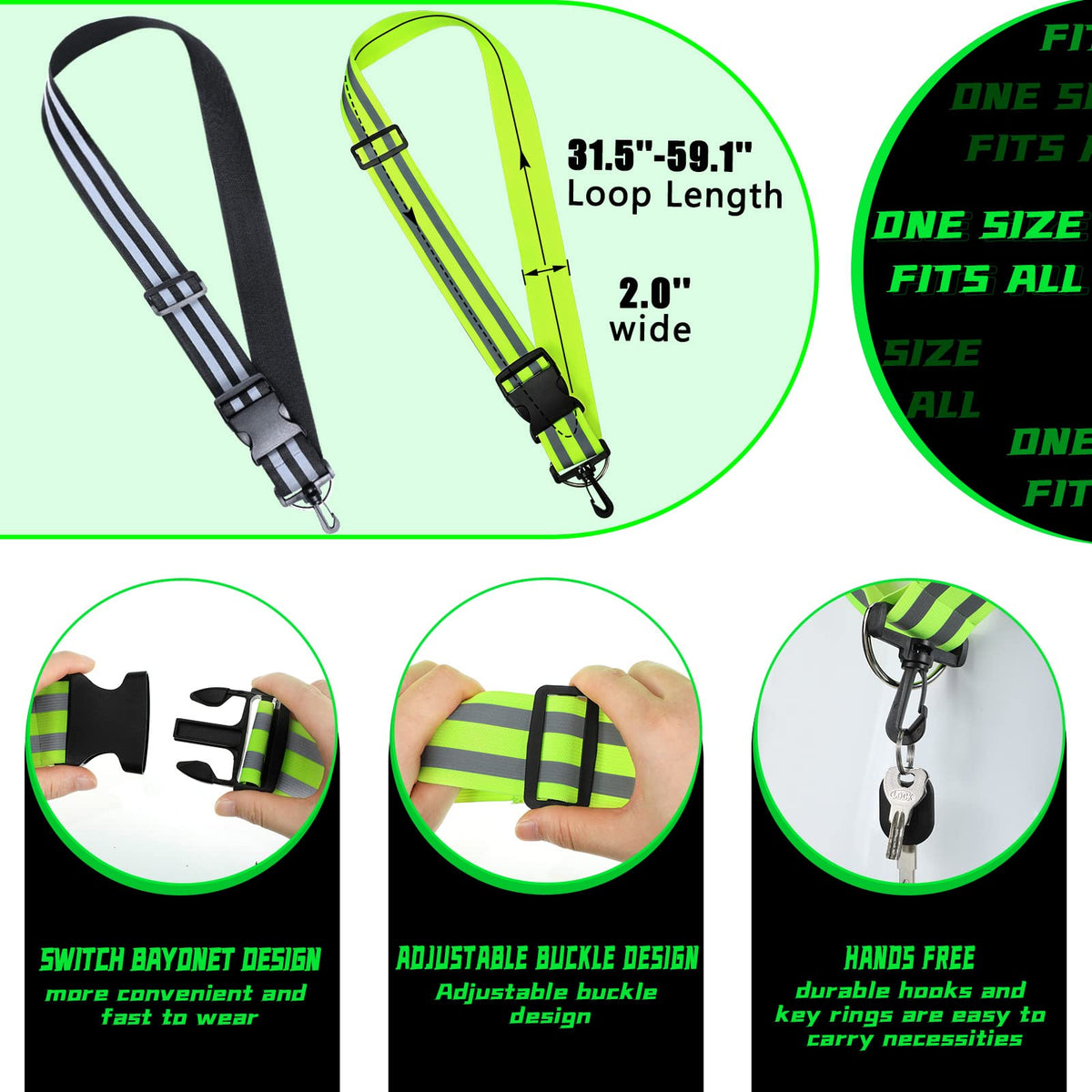 Saintrygo 2 Pieces Reflective Sash for Walking at Night Running Gear Safety Reflective High Visibility Jacket Adjustable Sash for Walking Cycling at Night (Fluorescent Green,Black)