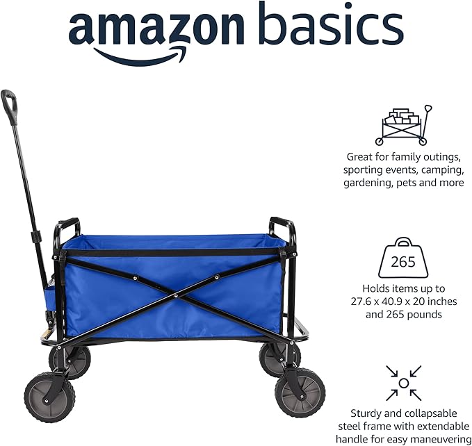 Amazon Basics Collapsible Heavy Duty Utility Wagon for Outdoor Sports, Camping, Garden, and Shopping, Versatile, Easy to Store, 265 Pounds Capacity, 27.6 x 40.9 x 20 inches, Blue