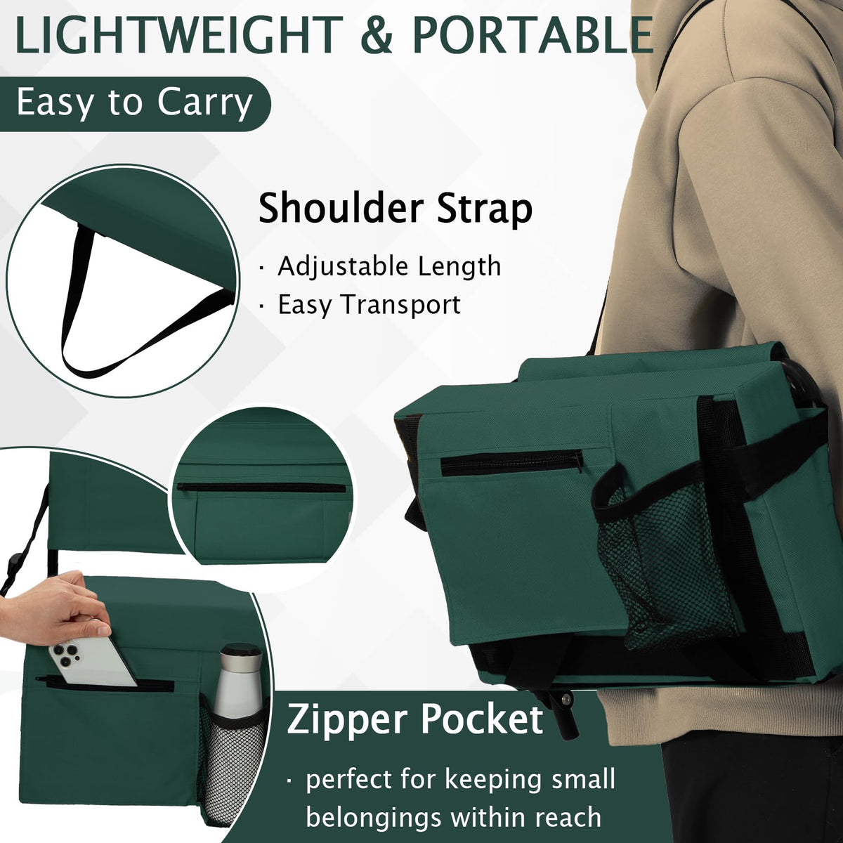 ACIPENSER 2pcs Stadium Seat for Bleachers with Back Support，Portable Bleacher Chairs with Back and Cushion，Includes Shoulder Strap and Cup Holder，Green