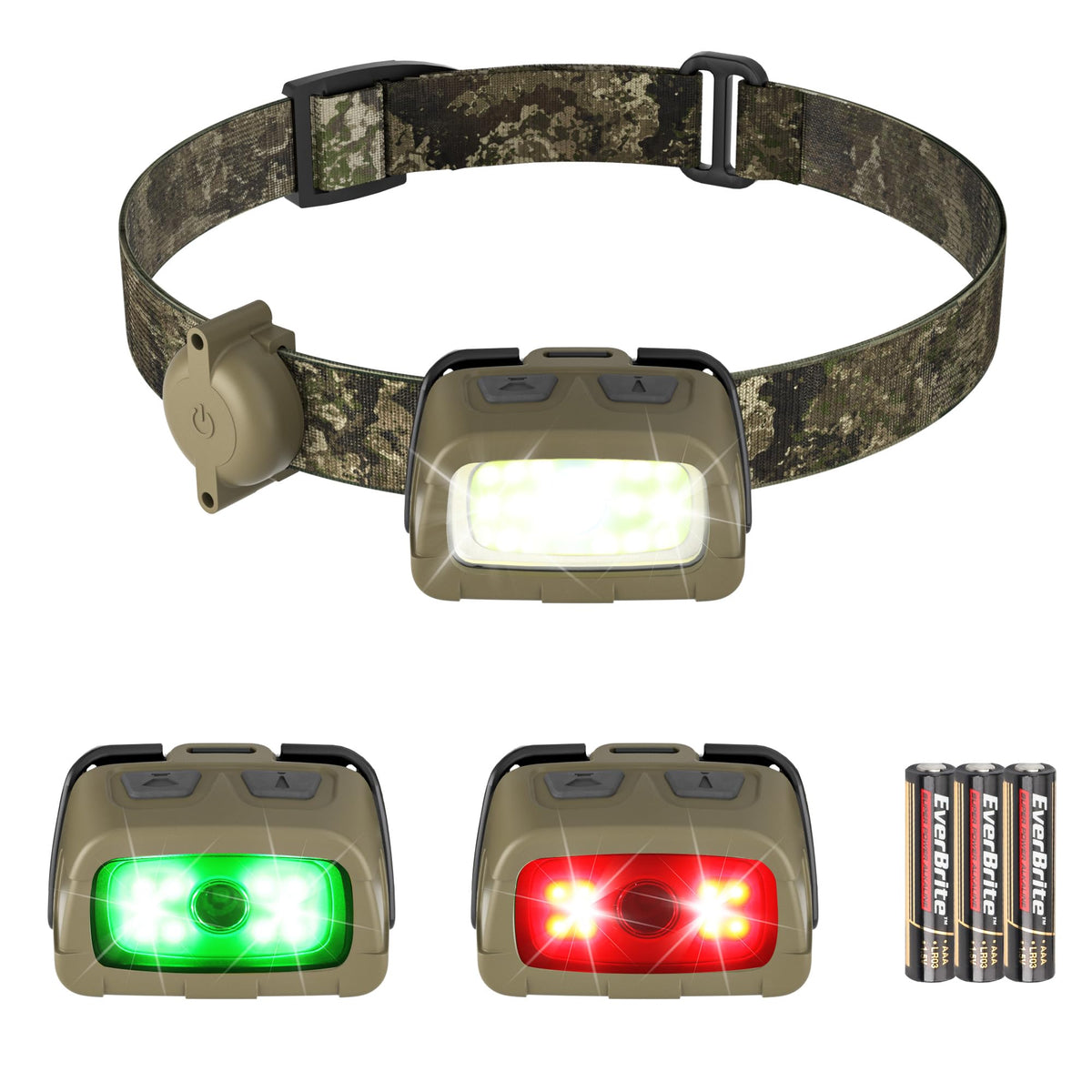 EverBrite 300LM Headlamp with Red Green White Light, Tail Light, 7 Modes with Memory Function, Stepless Dimming, 30° Adjustable Head Lamp for Trail Running, Camping, Hunting, 3 AAA Batteries Included
