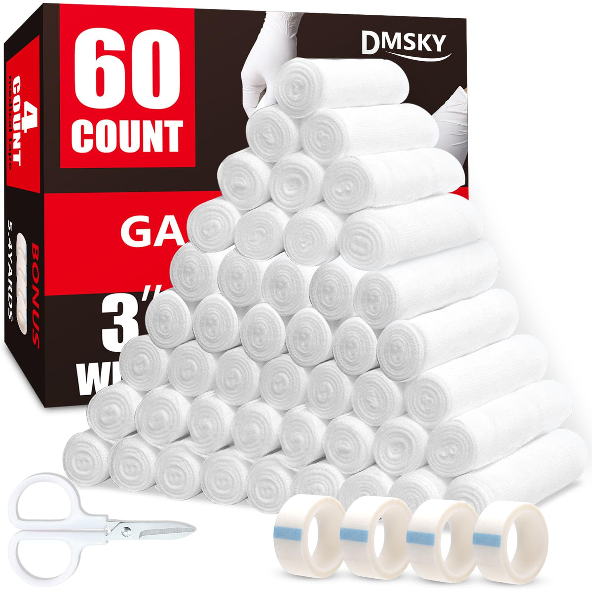 DMSKY Gauze Rolls 60 Pack, 3 in x 4.1 Yards, Individually Wrapped Breathable Rolled Gauze, Premium Bandage Wrap Vet Wrap, Mummy Wraps