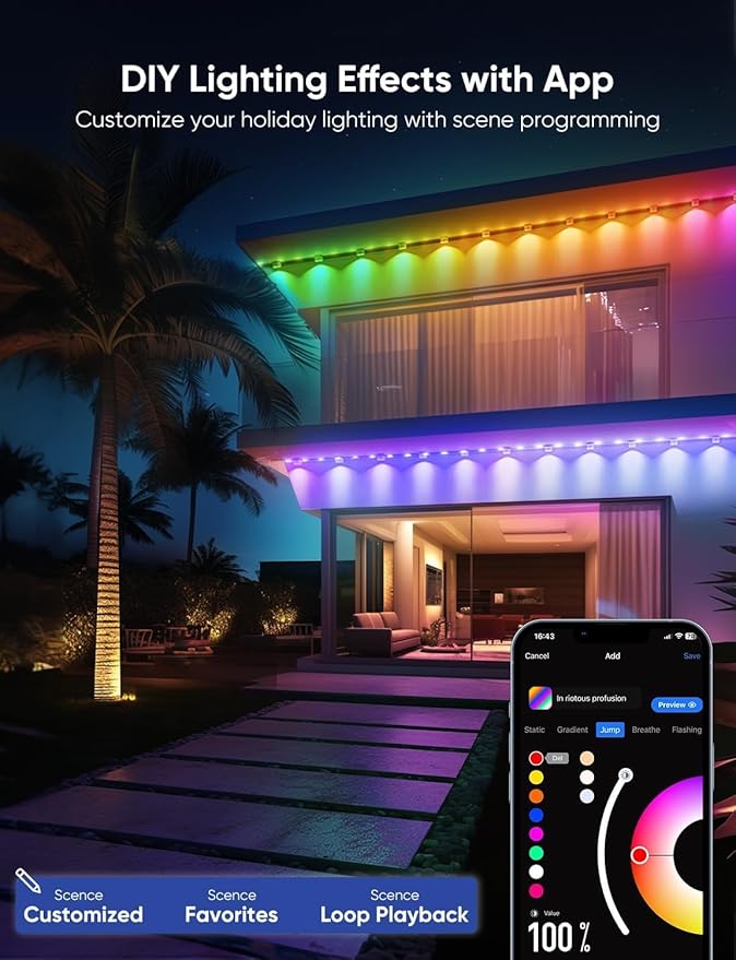 APPECK Permanent Outdoor Lights Pro 150ft, 108W RGBCW Eaves Light with 108 LED Lights, 80lm, Cuttable, 111 Scene Modes, IP67 Waterproof Lighting for Christmas Decoration, Work with Alexa, Black