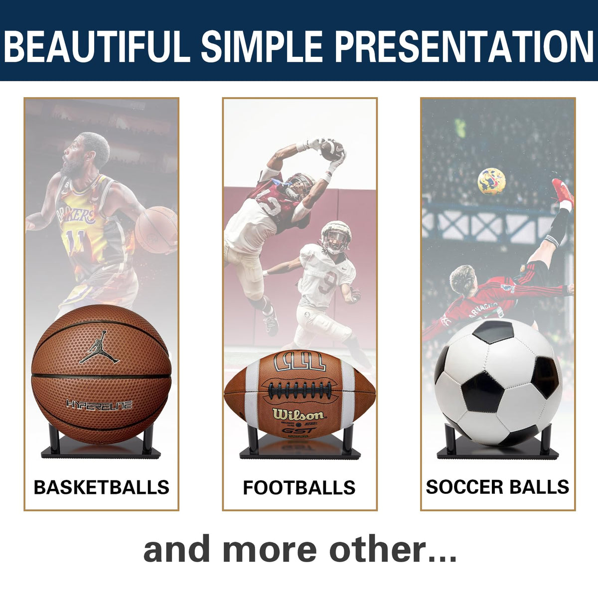 Frtrche Ball Display Stand with Anti-slip Mat, 1.3inch Pegs Acrylic Sleek Holder for Different Size Basketball, Soccer Ball, Football, Sturdy Memorabilia Display Case-Black