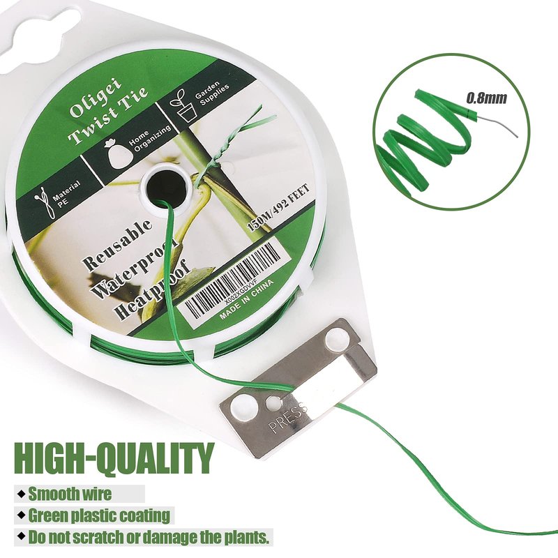 Green Garden Wire, Sturdy Plant Ties for Support with Cutter, 492FT/150m, Indoor, Outdoor, Home and Office Use