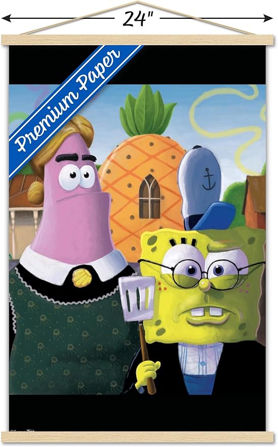 Trends International Nickelodeon Spongebob - American Gothic Wall Poster, 22.375" x 34", Premium Print and Beechwood Hanger Bundle