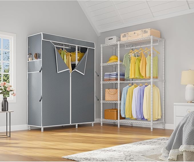 VIPEK V7C Garment Racks with Cover Portable Closets for Hanging Clothes, Heavy Duty Clothes Rack with Shelves Metal Closet Wardrobe, Max 670lbs, White Rack with Grey Upgraded Polyester Cover