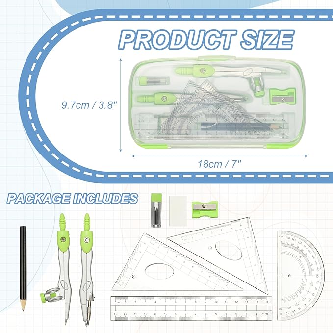 PATIKIL Geometry Precision Tool Set, 11 Pcs Geometry Set Compass Tool with Shatterproof Storage Box Rulers Math Compass Kit for Math Drafting Supplies, Grass Green(Style 1)