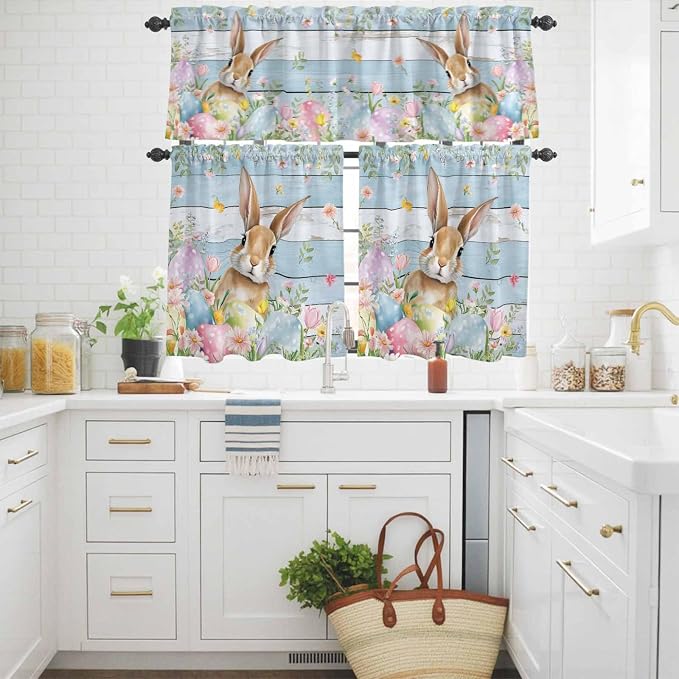 Kitchen Curtains Tiers and Valance Set of 3, Easter Light Filtering Window