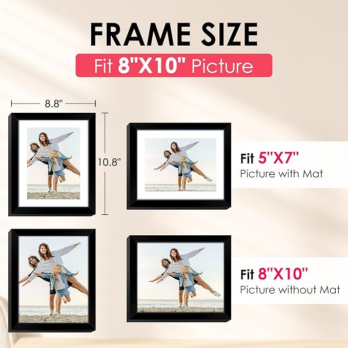 FIXSMITH 8x10 Picture Frame, Black Photo Frame with HD Plexiglass, Display Pictures 5x7 with Mat or 8x10 Without Mat, Picture Frames Collage for Tabletop or Wall Display, 1 Pack