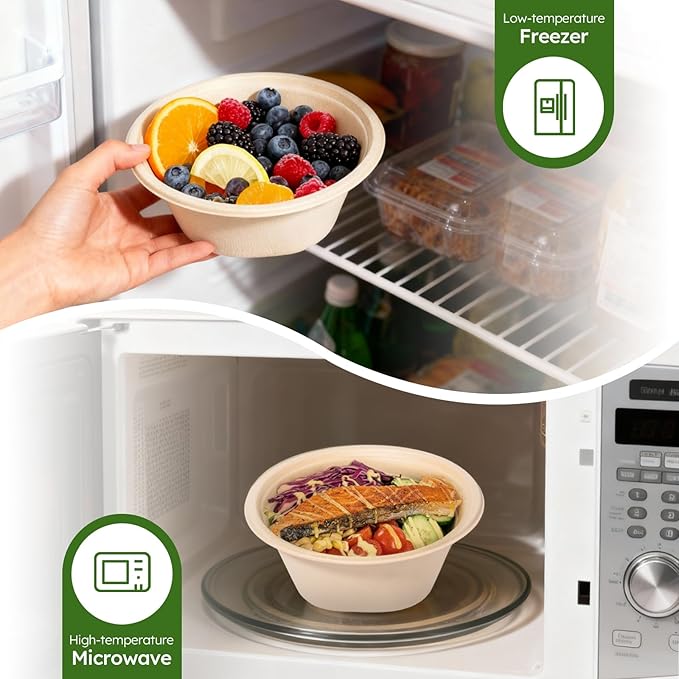 Paper Bowls, 32 Oz Disposable Bowls [100 Pack] Heavy Duty Compostable Deep Disposable Soup Bowls, Eco-friendly Biodegradable Bagasse Hot Cold Microwavable Bowls for Salad, Cereals, Dessert