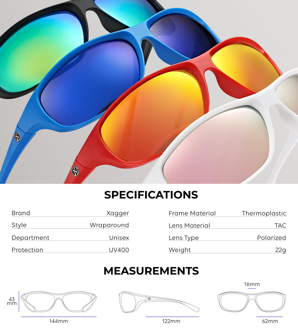 Xagger Polarized Wrap Around Sport Sunglasses for Men Women Running Driving Fishing TR90 Frame