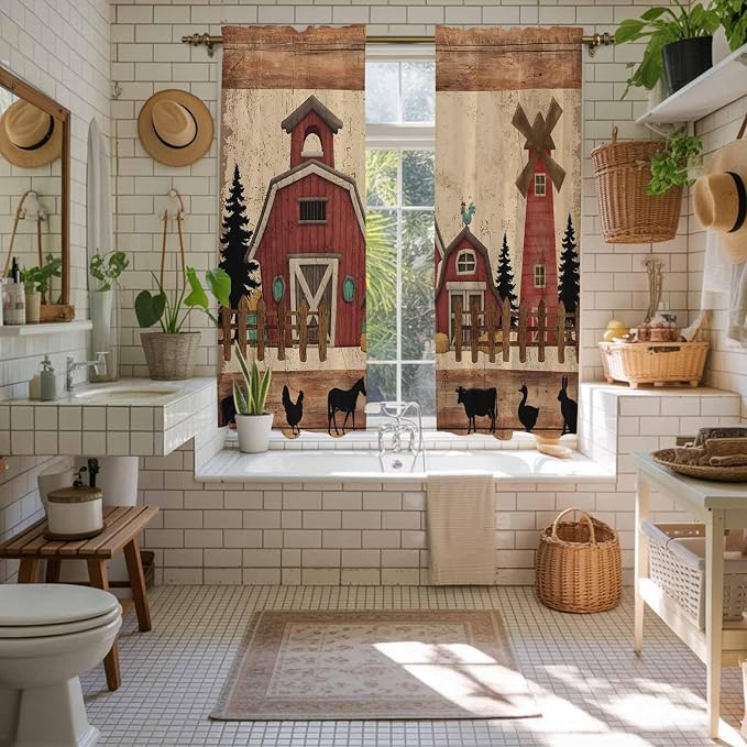 Brown Farmhouse Kitchen Curtains, Vintage Country Animals Wooden Grain Light