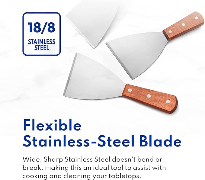 New Star Foodservice Stainless Steel Slant Edge Grill Scraper with Wood Handle, 4 x 8.5 Inch Restaurant Grade Griddle Scraper, Flat Top Scraper, Grill Cleaning Tool
