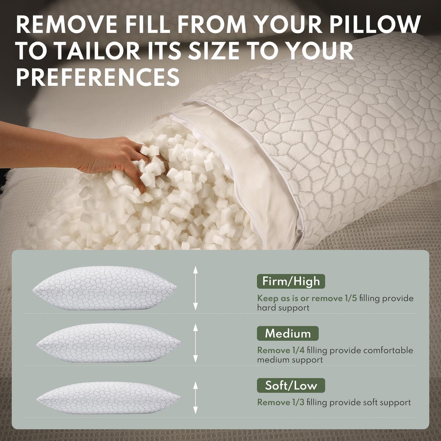 HEYCUZI Cooling Pillows Queen Size Set of 2 - Shredded Memory Foam Pillow for Sleeping 2 Pack, Adjustable Cool Bed Pillows for Side, Back, and Stomach Sleepers, Gel Pillow Washable Removable Cover