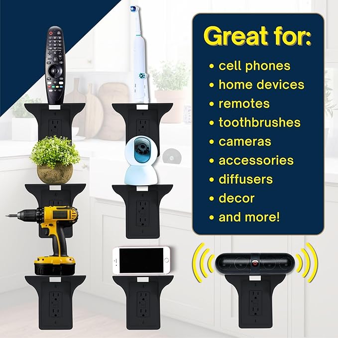 BeraTek Power Perch Wall Outlet Shelf | Declutter & Reclaim Counter Space | Bedroom & Bathroom Organizing Shelves | Alexa Echo Dot Holder, Router Shelf, Holds Electric Toothbrush | Black, 2-Pack