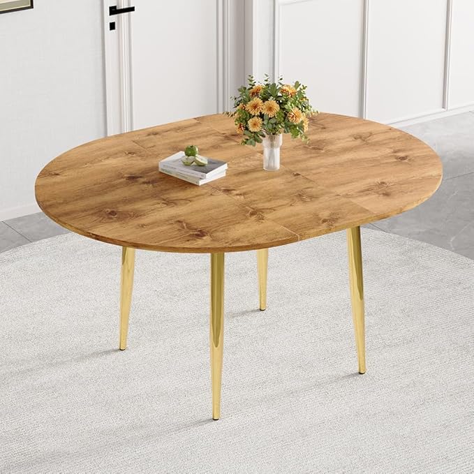 42" Round Dining Table for 4, 54" Oval Dining Table for 6, Extendable Kitchen & Dining Room Table with Metal Legs, Modern Rustic Space-Saving Adjustable Shape Dinner Table, Easy Assembly,Oak