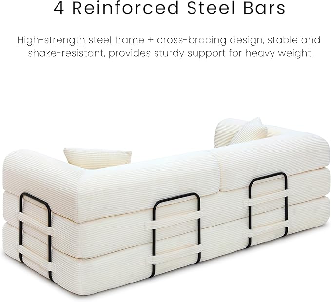 Compression Sofa - 79'' Convertible Sofa Bed, Boneless Couch in a Box, Modular Corduroy Foldable Sleeper Sofa with 2 Pillows, Loveseat Couches for Living Room (Corduroy Fabric, White)