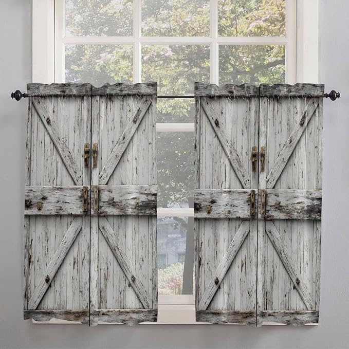 Vintage Gate Tier Curtains 45 Inches Long, Farmhouse Wooden Grain Shabby Chic