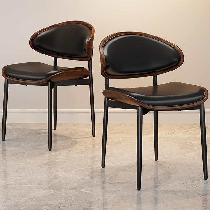 Dining Chairs Set of 6, Mid-Century Modern Upholstered PU Leather Chairs with Walnut Bentwood Back and Metal Legs Adjustable Feet for Kitchen Dining Room, Black PU