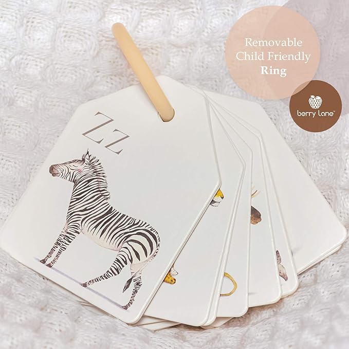 Berry Lane Animal Alphabet Flash Cards for Toddlers | 26 Hand Drawn Animal Art Toddler Flash Cards | ABC | Eco-Friendly Flashcards | Child Friendly Ring