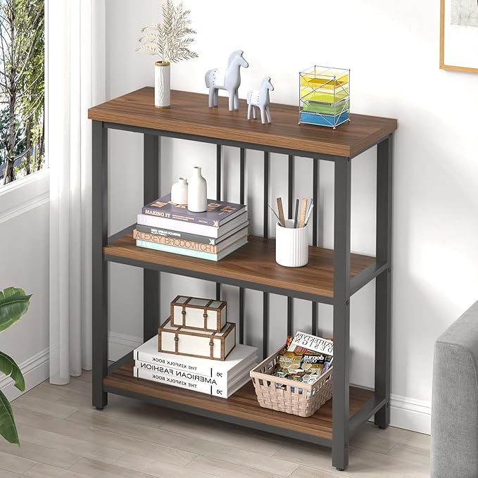 FOLUBAN Bookshelf, Small Modern 3 Tier Bookcase, Wood and Metal Standing Storage Book Shelves for Living Room, Office, Bedroom (Rustic Walnut)