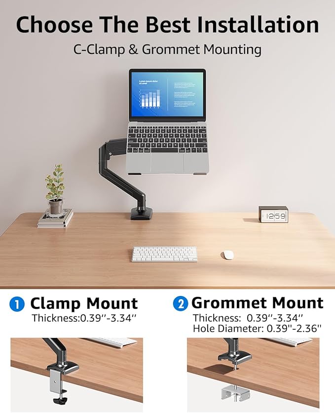 MOUNTUP Laptop Stand for Desk, Adjustable Aluminum Laptops Arm Mount for 14-17 Inch Notebook & 32" Monitor, Laptops Arm for Desk Support for 2.2-19.8lbs, 2-in-1 Laptop Desk Mount with Clamp/Grommet