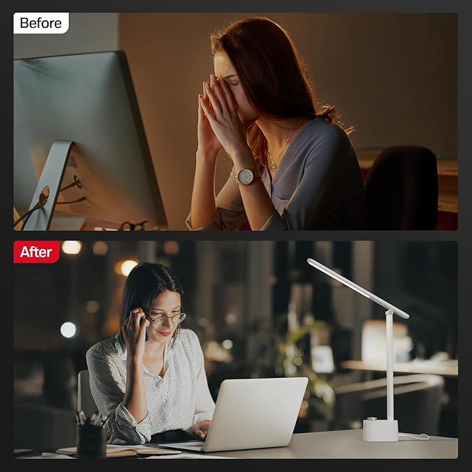 Honeywell LED Desk Lamp - Sunturalux Desk Lamps for Home Office with USB A+C Charging Ports, 3 Color Modes Stepless Dimmable Eye-Caring Foldable Desk Light for Bedroom Table Reading Study(White)