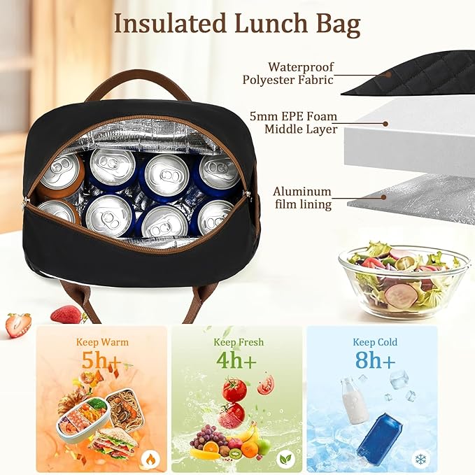 CAMTOP Lunch Box for Women Men Insulated Lunch Bag Lunch Tote Bag Leakproof Thermal Cooler Large Capacity for Travel Work School Picnic (Black White Brown)