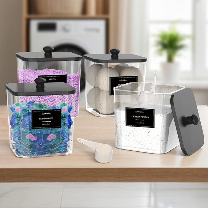 COAZEX 4 Pack Clear Laundry Pods Container, Plastic Square Laundry Room Organization and Storage Jars with Black Lids, Scoops & Labels for Detergent, Powder, Dryer Balls