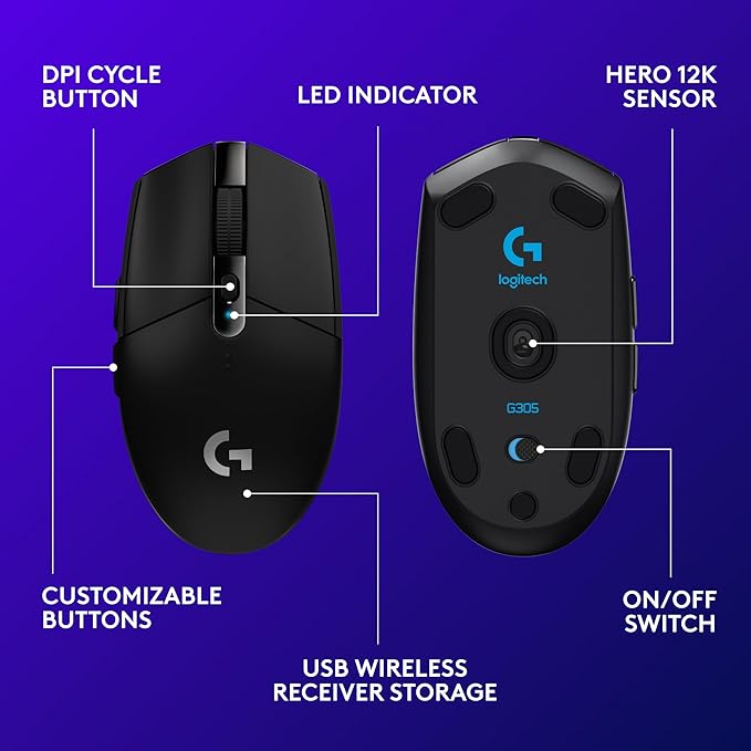 Logitech G305 Lightspeed Wireless Gaming Mouse, Hero Sensor, 12,000 DPI, Lightweight, 6 Programmable Buttons, 250h Battery, On-Board Memory, Compatible with PC, Mac - Black