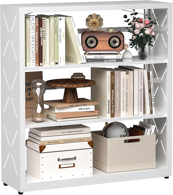 Book Shelf, 3-Tier Steel Bookcase Adjustable with Anti-Tip Device & Leveling Feet, Heavy-Duty Metal Storage Organizer, Modern Corner Shelves for Kitchen, Garage, Home Office - White