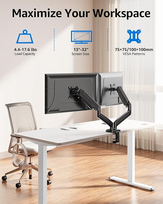 MOUNTUP Dual Monitor Stand for Desk, Monitor Arms for 2 Monitors 32 27 24 22 Inches, Height Adjustable Double Monitor Mount, VESA Mount with C-Clamp & Grommet Base, Holds 4.4-17.6lbs