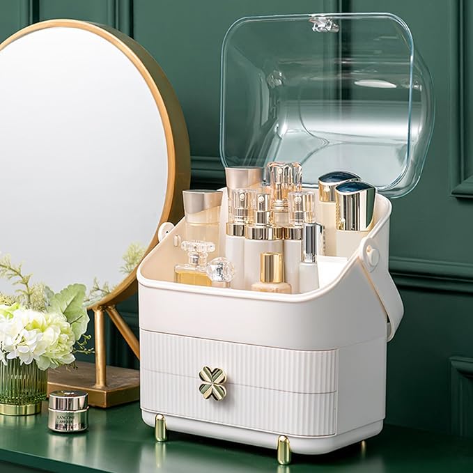 Ergocar Four Leaf Clover Series Make Up Case Dustproof Cosmetic Storage Box, Cosmetics Skin Care Products Multi-Function Jewelry Organizer Case - white