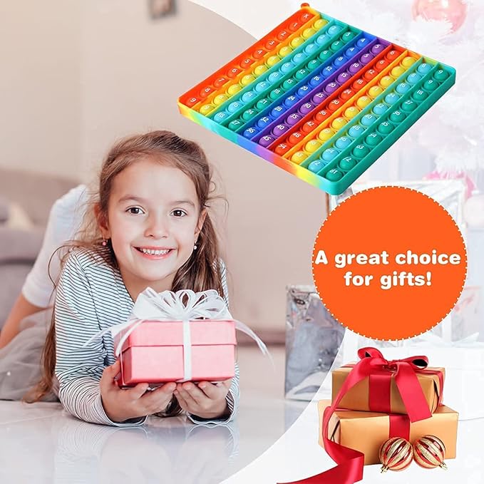 AK-SHIP 7.8in Big Size P0pp Math Toys , Rainbow Square Fidget Ttoy 100bubbles Stress Relieving Fidget Game for Teachers to Create Kinds of Math Manipulatives【with 1-100 Numbers Tables】